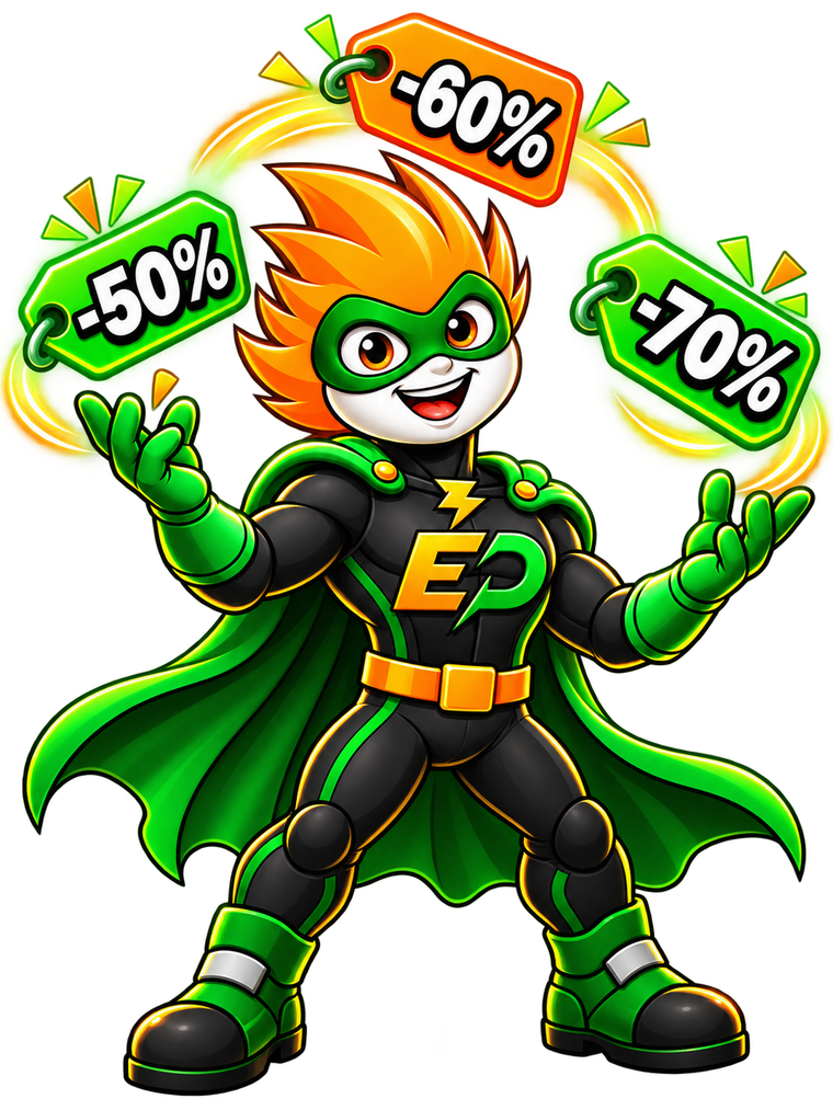 Errordeals Maskottchen jongliert mit 50, 60 und 70 Prozent Rabatt